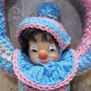 VTG  Crochet Doll Clown Wall Door Hanging Handmade Yarn